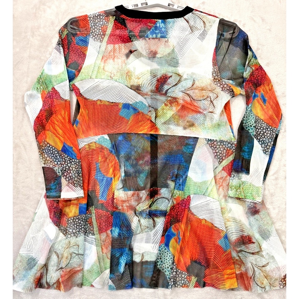 Michael Tyler Women  Large Multi Color Tunic Top Button Up People Bottom Sheer - Picture 5 of 10